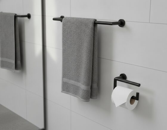 Wall-mounted metal bathroom shelf holding toiletries