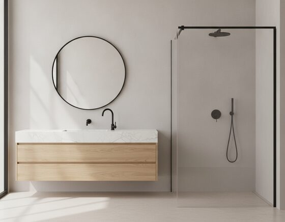 Modern bathroom vanity, tapware, mirror and shower screen on display
