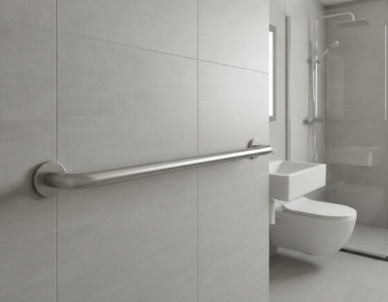 Straight stainless steel grab rail on a tiled bathroom wall