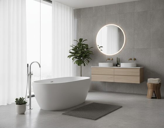 Modern freestanding acrylic bath in a bright contemporary bathroom