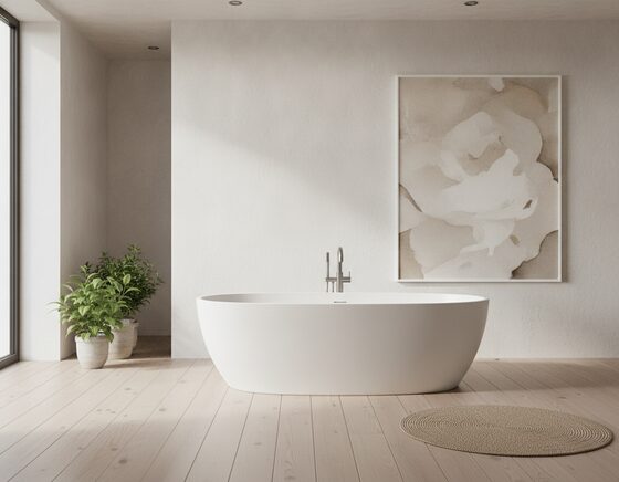 A modern white oval freestanding acrylic bath in a bright, minimalist bathroom