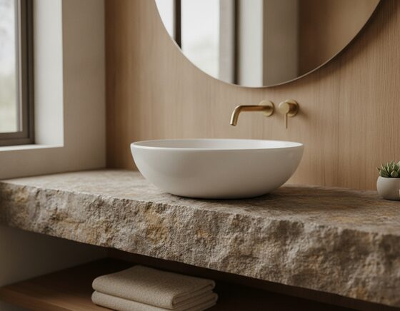 Round white ceramic above-counter basin on a stone vanity top