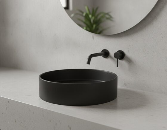 Matte black ceramic basin on a pale stone vanity with black tapware