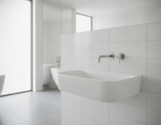 Wall-hung ceramic basin mounted on a tiled bathroom wall