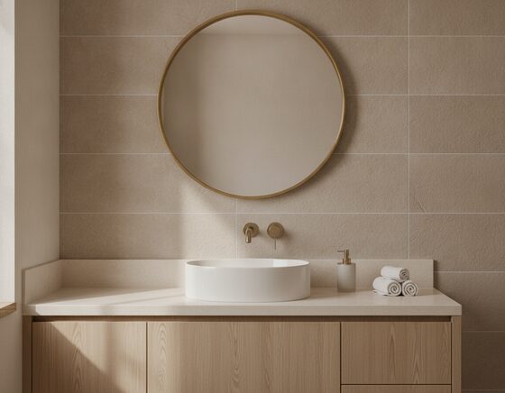 Frameless square bathroom mirror with a polished pencil edge