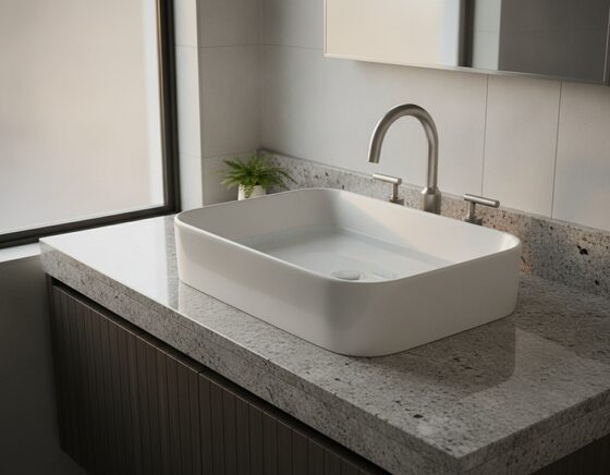 Small compact basin on a narrow vanity in a powder room