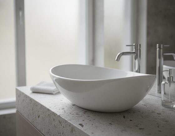 Clean white ceramic basin with no overflow on a stone vanity top