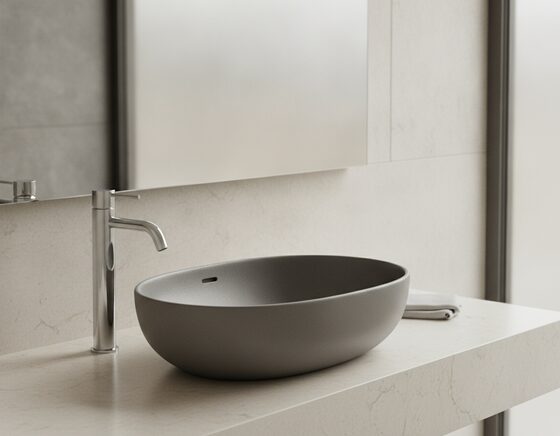 Gunmetal grey ceramic basin on a pale stone vanity top