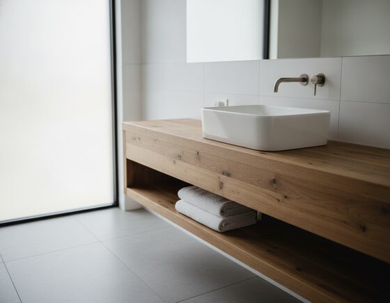 Square white ceramic basin on a floating timber vanity