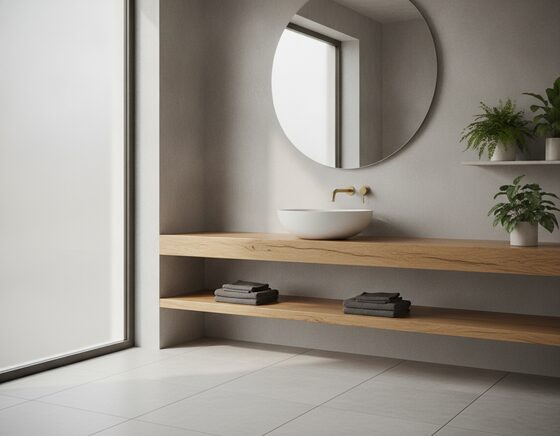 Above-counter ceramic basin on a timber vanity in a modern bathroom