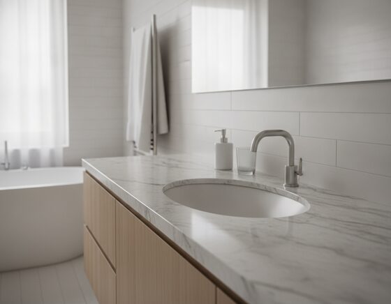 Inset drop-in basin set into a stone vanity benchtop