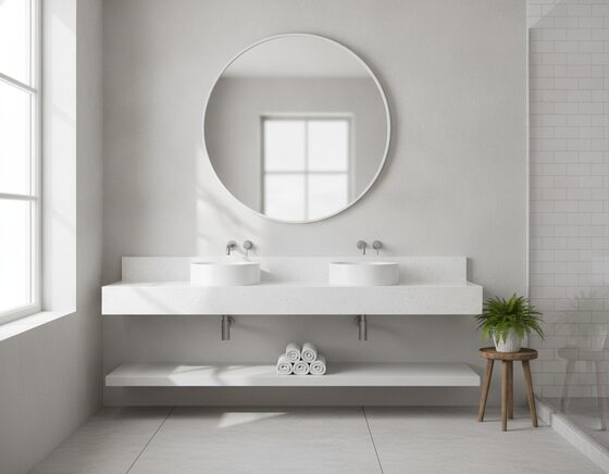 Large round bathroom mirror with a thin frame above a vanity