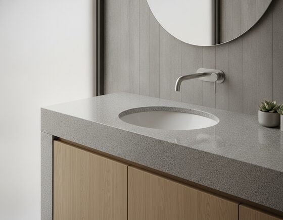 Undermount ceramic basin fixed beneath a stone benchtop