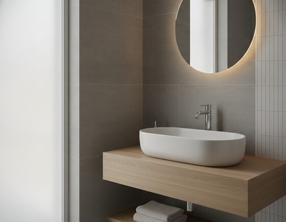 Semi-recessed basin projecting from a narrow vanity