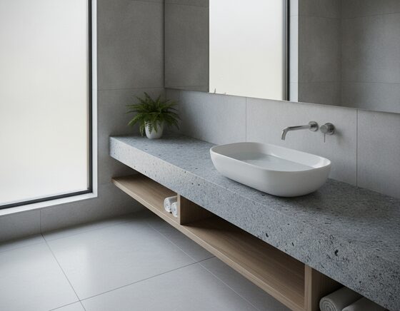 White ceramic basin on a stone vanity benchtop in a modern bathroom