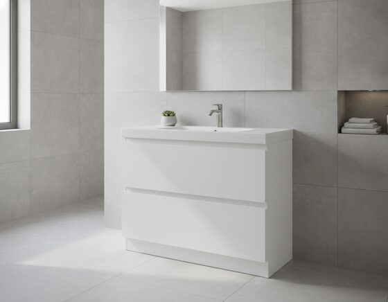 600mm white floor-standing bathroom vanity with basin and drawers