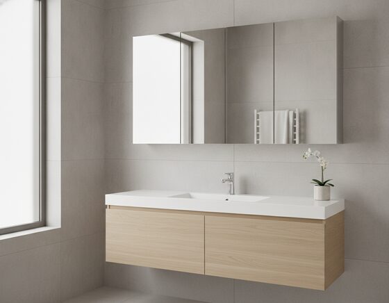 Wall-hung white shaving cabinet with pencil-edge mirror doors