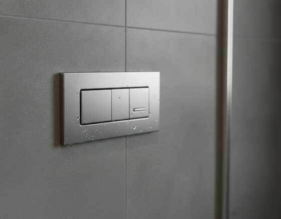 Modern dual-flush toilet actuator plate on a tiled bathroom wall
