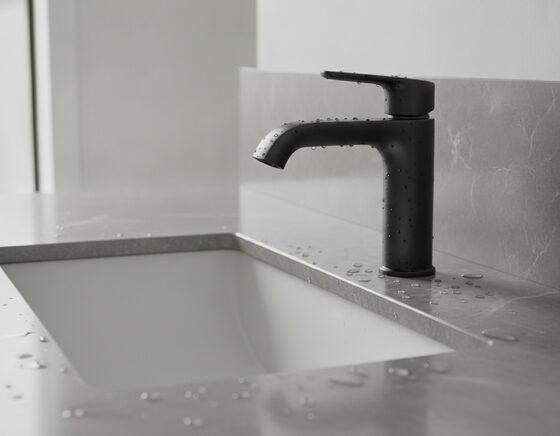 Square-profile bath spout mounted on a tiled wall above a tub