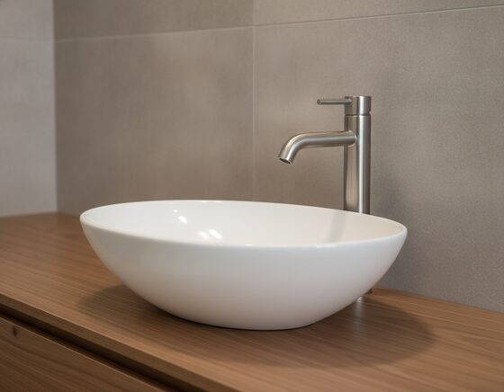 Ultra-slim above-counter ceramic basin on a timber vanity with a wall-mounted mixer