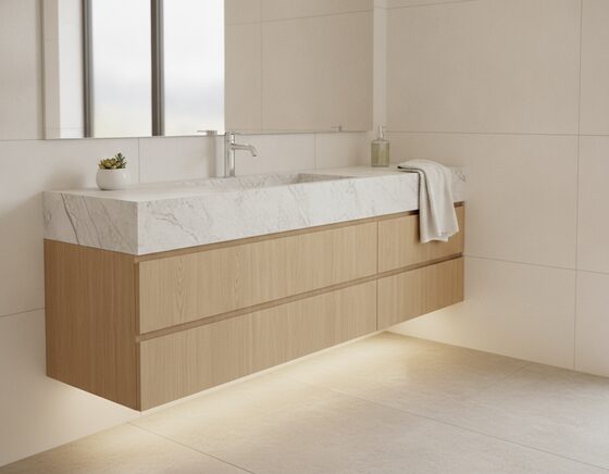 750mm wall-hung bathroom vanity with left drawers in a dark finish